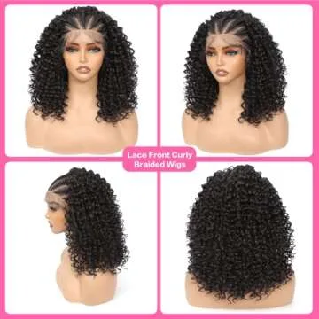 Geogroket Curly Braided Wigs 13x4 HD Lace Front Box Braids Wigs with Baby Hair Lightweight Synthetic Fully Handmade Braided Wig 2# Natural Color 16 Inch