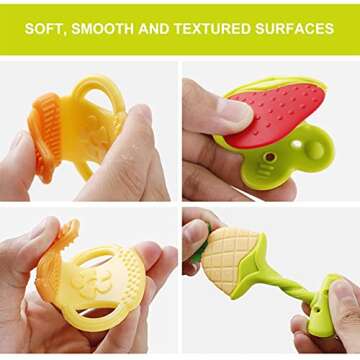 NASHRIO Baby Teething Toys Pack of 6 - Silicone BPA Free Natural Organic Freezer Safe Teethers for Newborn Infant, Soft & Textured - Babies Shower Gift