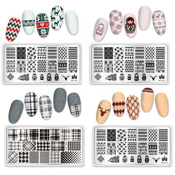Born Pretty Nail Stamping Plates Set Plaid Flowers Leaves Lace Nail Art Image Plates Spring into Winter Stamp Templates Kit Image Manicuring DIY Printing Tools 8PCS