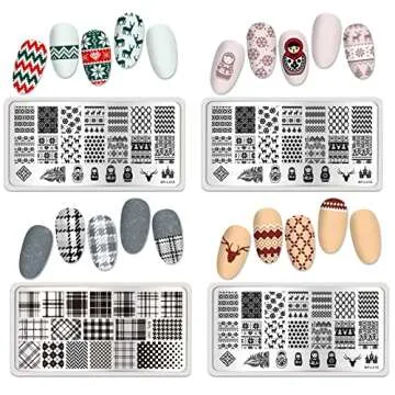 Born Pretty Nail Stamping Plates Set Plaid Flowers Leaves Lace Nail Art Image Plates Spring into Winter Stamp Templates Kit Image Manicuring DIY Printing Tools 8PCS