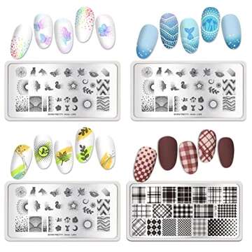 Born Pretty Nail Stamping Plates Set Plaid Flowers Leaves Lace Nail Art Image Plates Spring into Winter Stamp Templates Kit Image Manicuring DIY Printing Tools 8PCS