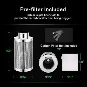 VIVOSUN 4 Inch Air Carbon Filter Smellines Control with Australia Virgin Charcoal for Inline Duct Fan, Grow Tent, Pre-filter Included, Reversible Flange 4" x 12"