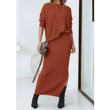 PRETTYGARDEN Women's Two Piece Matching Sweater Sets Knit Long Sleeve Pullover Tops Bodycon Long Maxi Skirts Fall Outfits (Rust Red,Medium)