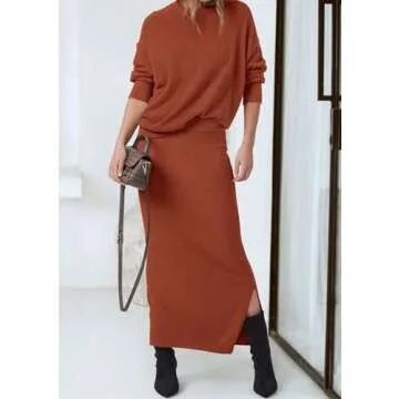 PRETTYGARDEN Women's Two Piece Matching Sweater Sets Knit Long Sleeve Pullover Tops Bodycon Long Maxi Skirts Fall Outfits (Rust Red,Medium)