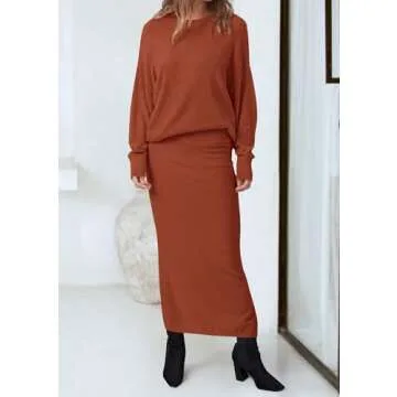 PRETTYGARDEN Women's Two Piece Matching Sweater Sets Knit Long Sleeve Pullover Tops Bodycon Long Maxi Skirts Fall Outfits (Rust Red,Medium)