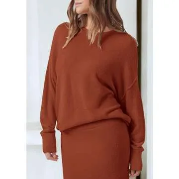 PRETTYGARDEN Women's Two Piece Matching Sweater Sets Knit Long Sleeve Pullover Tops Bodycon Long Maxi Skirts Fall Outfits (Rust Red,Medium)