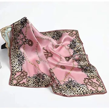ANDANTINO 100% Pure Mulberry Silk Small Square Scarf -21'' x 21''- Breathable Lightweight Neckerchief -Digital Printed Headscarf (Pink Leopard)