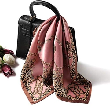 ANDANTINO 100% Pure Mulberry Silk Small Square Scarf -21'' x 21''- Breathable Lightweight Neckerchief -Digital Printed Headscarf (Pink Leopard)