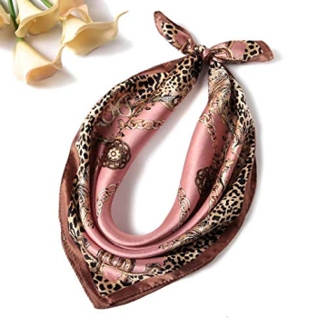 ANDANTINO 100% Pure Mulberry Silk Small Square Scarf -21'' x 21''- Breathable Lightweight Neckerchief -Digital Printed Headscarf (Pink Leopard)