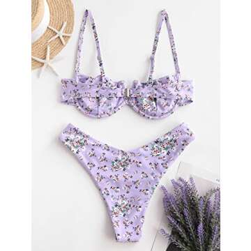 ZAFUL Women's Underwire Bikini Floral V-Wired High Leg Two Piece Bikini Set Swimsuit (4-Light Purple, S)