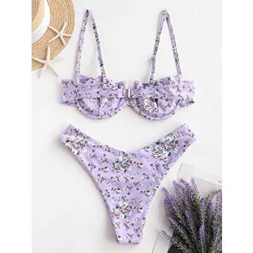 ZAFUL Women's Underwire Bikini Floral V-Wired High Leg Two Piece Bikini Set Swimsuit (4-Light Purple, S)