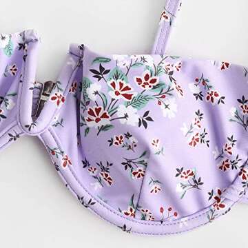 ZAFUL Women's Underwire Bikini Floral V-Wired High Leg Two Piece Bikini Set Swimsuit (4-Light Purple, S)