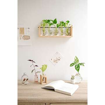 Mkono Plant Terrarium with Wooden Stand, Wall Hanging Glass Planter Desktop Plant Propagation Vase w...