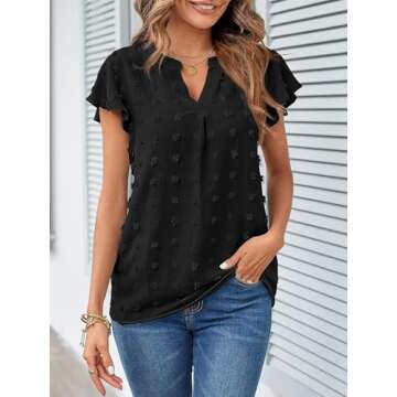 MEROKEETY Women's Summer V Neck Ruffle Blouse Black