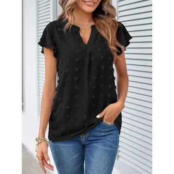 MEROKEETY Women's Summer V Neck Ruffle Blouse Black