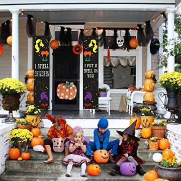Happy Storm Halloween Decorations Outdoor, I Smell Children and I Put a Spell on You Sign, Hocus Pocus Front Door Porch Banners, Halloween Porch Decor, Halloween Decorations Indoor
