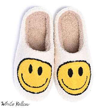 AIMINUO Women's Men's Retro Preppy Happy Face Slippers Comfy Warm Plush Slip-On House Slipper for Winter Indoor Soft Cushion Non-slip Fluffy Slides Slippers White-Yellow 8.5-9.5 Women/8-9 Men