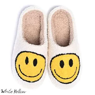 AIMINUO Women's Men's Retro Preppy Happy Face Slippers Comfy Warm Plush Slip-On House Slipper for Winter Indoor Soft Cushion Non-slip Fluffy Slides Slippers White-Yellow 8.5-9.5 Women/8-9 Men