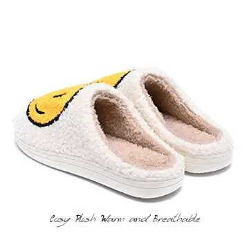 AIMINUO Women's Men's Retro Preppy Happy Face Slippers Comfy Warm Plush Slip-On House Slipper for Winter Indoor Soft Cushion Non-slip Fluffy Slides Slippers White-Yellow 8.5-9.5 Women/8-9 Men