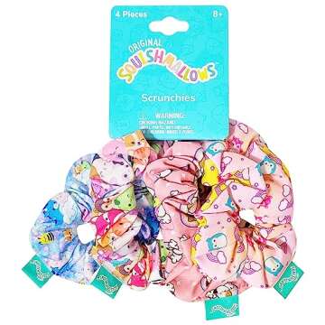 LUV HER Squishmallows Cute Scrunchies for Girls - 4 Large Printed Hair Scrunchies with Your Favorite Characters, Ages 8+