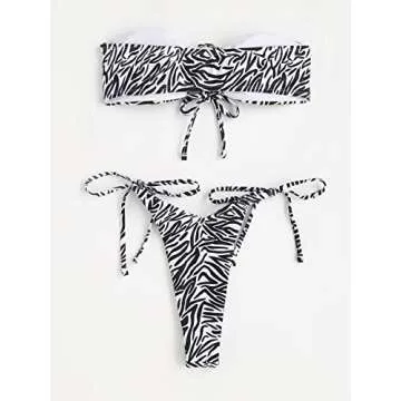 MakeMeChic Women's 2 Pieces Bandeau Swimsuits Tie Front High Cut Bikini Bathing Suit Black and White...