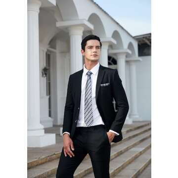 Enlision Stripe Men Ties Set Navy Blue Grey Ties for Men Formal Silk Woven Neckties and Pocket Squar...