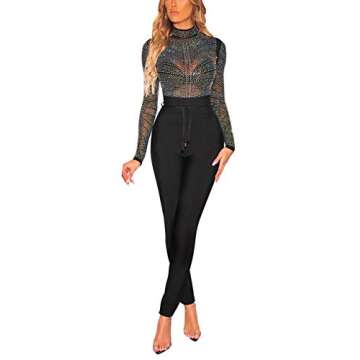 Lrady Women's Black Iridescent Silver Rhinestone Studded Mock Neck Bodysuit