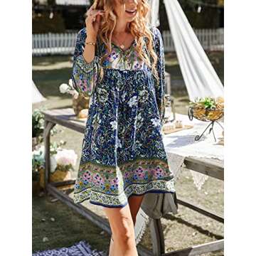 TEMOFON Boho Dresses for Women Summer Casual Boho Mini Dress Floral V Neck Flowy Dresses Navy Blue S
