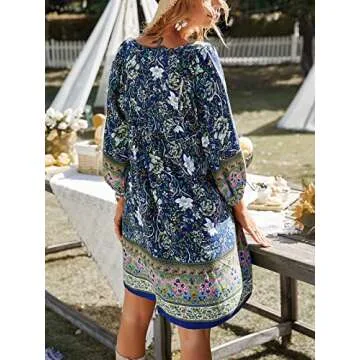 TEMOFON Boho Dresses for Women Summer Casual Boho Mini Dress Floral V Neck Flowy Dresses Navy Blue S