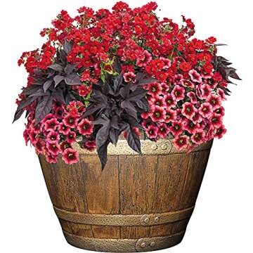 Classic Home and Garden Whiskey Plastic Resin Flower Pot Barrel Planter, Oak Brown, 15"