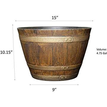 Classic Home and Garden Whiskey Plastic Resin Flower Pot Barrel Planter, Oak Brown, 15"