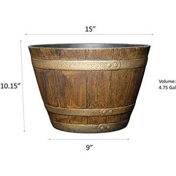 Classic Home and Garden Whiskey Plastic Resin Flower Pot Barrel Planter, Oak Brown, 15"