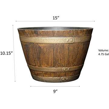 Classic Home and Garden Whiskey Plastic Resin Flower Pot Barrel Planter, Oak Brown, 15"