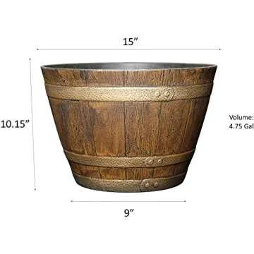 Classic Home and Garden Whiskey Plastic Resin Flower Pot Barrel Planter, Oak Brown, 15"