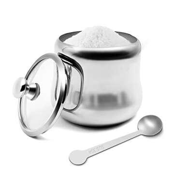 XHKDSYMC 300ml Stainless Steel Sugar Bowl with Lid and Spoon 10 OZ Coffee Seasoning Jar Condiment Po...