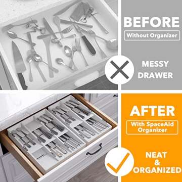 SpaceAid Bamboo Silverware Drawer Organizer with Labels, Kitchen Utensil Tray Holder Organizer for F...