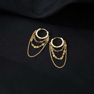 Reffeer Solid 925 Sterling Silver Chain Drop Earrings Hoop for Women Teen Girls Hoop Earrings Tassel Chain Huggie Dangle Earrings (B-18K Gold Plated)