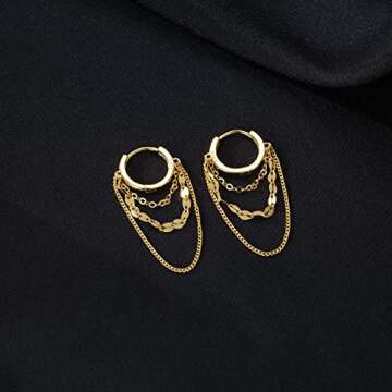 Reffeer Solid 925 Sterling Silver Chain Drop Earrings Hoop for Women Teen Girls Hoop Earrings Tassel Chain Huggie Dangle Earrings (B-18K Gold Plated)