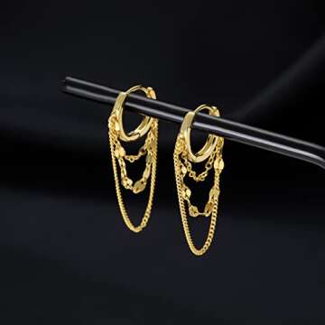 Reffeer Solid 925 Sterling Silver Chain Drop Earrings Hoop for Women Teen Girls Hoop Earrings Tassel Chain Huggie Dangle Earrings (B-18K Gold Plated)