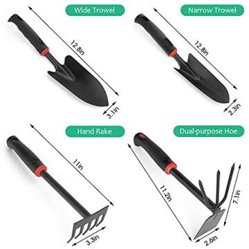 LeeZivvv Garden Tools Set, 5 Piece Premium Gardening Hand Kit Includes Garden Shovel, Hand Trowel, Rake, Dual-Purpose Hoe with Soft Non-Slip Rubber, Gardening Tools Gift for Women Men(Black)