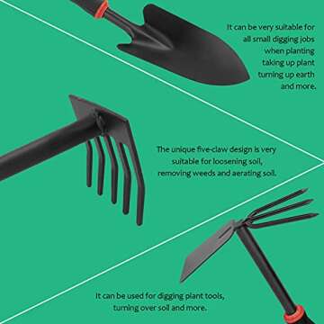 LeeZivvv Garden Tools Set, 5 Piece Premium Gardening Hand Kit Includes Garden Shovel, Hand Trowel, Rake, Dual-Purpose Hoe with Soft Non-Slip Rubber, Gardening Tools Gift for Women Men(Black)