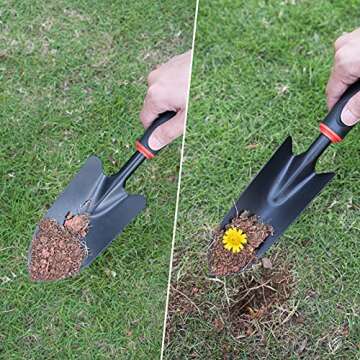 LeeZivvv Garden Tools Set, 5 Piece Premium Gardening Hand Kit Includes Garden Shovel, Hand Trowel, Rake, Dual-Purpose Hoe with Soft Non-Slip Rubber, Gardening Tools Gift for Women Men(Black)