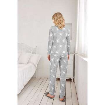 Ekouaer Womens Pajama Set Long Sleeve Sleepwear Star Print Nightwear Soft Pjs Lounge Sets with Pockets light Grey White Star Small