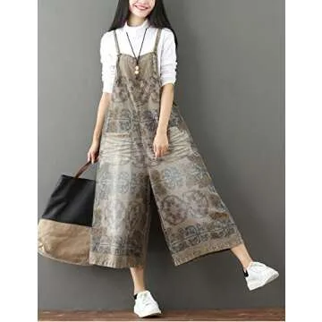 Yeokou Women's Loose Baggy Denim Wide Leg Drop Crotch Jumpsuit Rompers Overalls (One Size, Style 17 Coffee)
