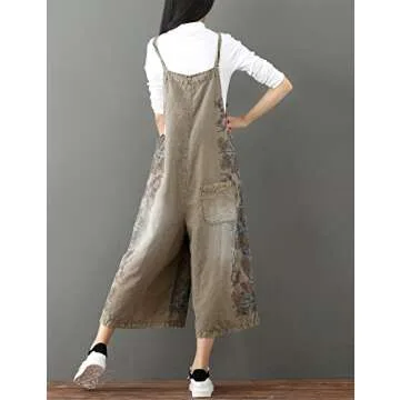 Yeokou Women's Loose Baggy Denim Wide Leg Drop Crotch Jumpsuit Rompers Overalls (One Size, Style 17 Coffee)