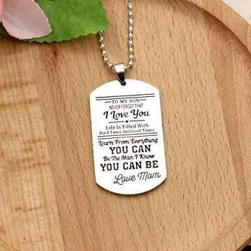 KENYG to My Son Stainless Steel Dog Tag Beads Chain Necklace for Son from Mom Christmas Birthday