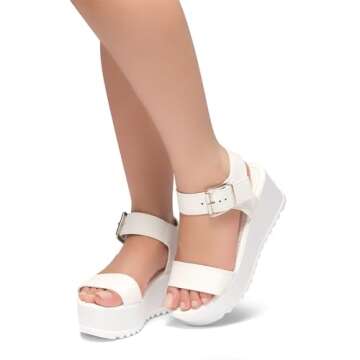 Herstyle Carita Womens Platform Sandals Open Toe Ankle Strap Flatform Wedge Casual Sandal Black White Chunky Platform Sandals Comfortable Lightweight Lug Sole Wedges for Summer, White, Size 6.0