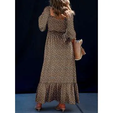 Dokotoo Spring Dresses for Women 2025 Summer Boho Floral Square Neck Smocked Long Sleeve Button Empi...