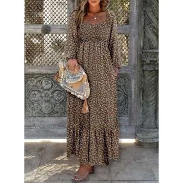Dokotoo Spring Dresses for Women 2025 Summer Boho Floral Square Neck Smocked Long Sleeve Button Empire Waist A Line Swing Beach Vacation Clothes for Women Long Maxi Dress Sundress Brown Large