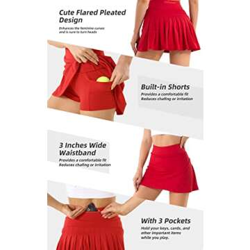 Betaven Pleated Tennis Skirts for Women with Pockets Build in Shorts Golf Skort High Waisted Athletic Running Activewear,A-Dark Red,Medium